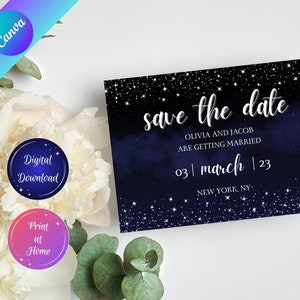 May include: A save the date card with a dark blue starry night sky background. The text reads "save the date" in white cursive font. Below the text, it says "Olivia and Jacob are getting married" in white font. The date is "03 | march | 23" and the location is "New York, NY".