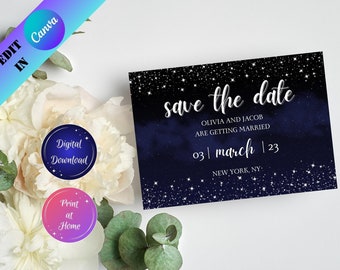 Starry Night Wedding, Save the Date Invitation Template, Navy Blue Printable Wedding Invite, Editable Invite, Galaxy Digital Download