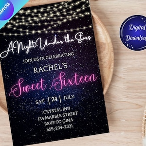 Sweet Sixteen Invitation Template, Printable Quinceanera Invite, Canva Editable Birthday Party, Mobile Evite, Starry Night, Under the Stars