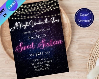May include: A digital invitation for a Sweet Sixteen party with a night sky background and twinkling lights. The text reads "A Night Under the Stars" and "Rachel's Sweet Sixteen". The invitation includes the date, time, location, and RSVP information.