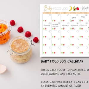 K&ouml;nnte beinhalten: Ein druckbarer Babynahrungskalender mit wei&szlig;em Hintergrund und farbenfrohem Design. Der Kalender ist f&uuml;r den Monat September und enth&auml;lt eine Liste g&auml;ngiger Babynahrung wie Erbsen, Karotten und Erdbeeren. Der Kalender enth&auml;lt auch einen Bereich f&uuml;r Notizen.
