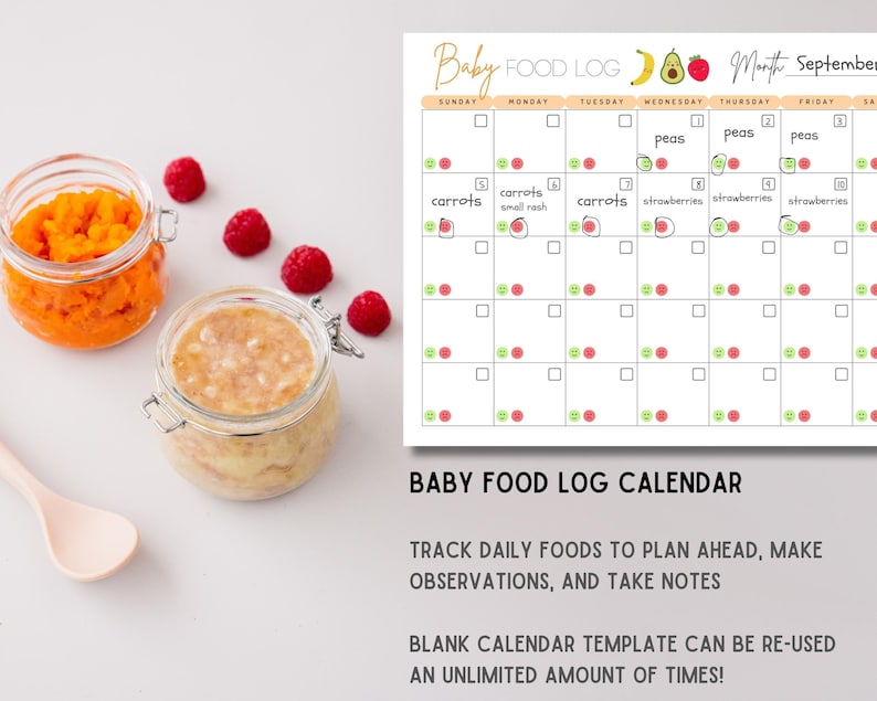 K&ouml;nnte beinhalten: Ein druckbarer Babynahrungskalender mit wei&szlig;em Hintergrund und farbenfrohem Design. Der Kalender ist f&uuml;r den Monat September und enth&auml;lt eine Liste g&auml;ngiger Babynahrung wie Erbsen, Karotten und Erdbeeren. Der Kalender enth&auml;lt auch einen Bereich f&uuml;r Notizen.