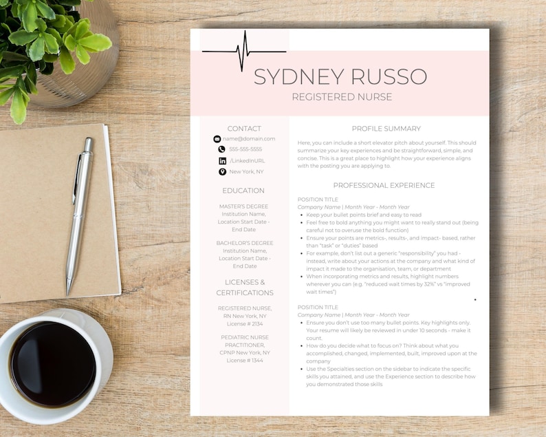 May include: A pink and white resume template with a heart rate graphic at the top. The resume is for a registered nurse named Sydney Russo. The resume includes contact information, education, licenses and certifications, a profile summary, and professional experience.