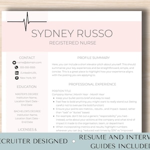 May include: A pink and white resume template with a black heart beat graphic. The template includes sections for contact information, education, professional experience, and a profile summary. The text "Recruiter Designed" and "Resume and Interview Guides Included" is at the bottom of the page.