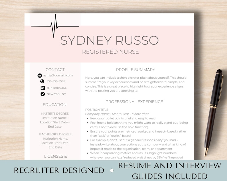 May include: A pink and white resume template with a black heart beat graphic. The template includes sections for contact information, education, professional experience, and a profile summary. The text "Recruiter Designed" and "Resume and Interview Guides Included" is at the bottom of the page.