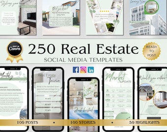 250 plantillas de Instagram de bienes raíces, redes sociales, historias de publicaciones de Instagram de agentes inmobiliarios, Canva editable, marca de agentes inmobiliarios, marketing