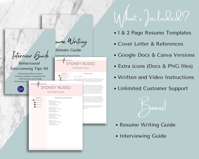 May include: A digital download product for job seekers. The product includes resume templates, cover letter and reference templates, Google Docs and Canva versions, extra icons, written and video instructions, unlimited customer support, a resume writing guide and an interviewing guide. The product is designed to help job seekers create professional resumes and cover letters.