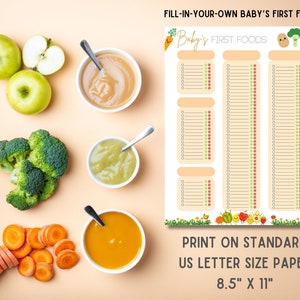 K&ouml;nnte beinhalten: Druckbarer Chart zum Verfolgen der ersten Lebensmittel eines Babys. Der Chart hat drei Spalten mit Platz zum Eintragen des Lebensmittelnamens, des Datums und Kontrollk&auml;stchen, um zu markieren, ob das Baby das Lebensmittel mochte. Der Chart ist mit Cartoon-Bildern von einer Karotte, einer Kartoffel, Brokkoli und Paprika verziert.