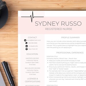 May include: A pink and white resume template with a black heart beat graphic at the top. The resume is for a registered nurse named Sydney Russo. The resume includes contact information, education, professional experience, and licenses and certifications.