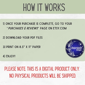 以下が含まれることがあります： 緑と白のグラフィックで、「HOW IT WORKS」というテキストが黒で書かれています。グラフィックには、デジタル製品のダウンロードと印刷の4つの手順がリストされています。「PLEASE NOTE: THIS IS A DIGITAL PRODUCT ONLY. NO PHYSICAL PRODUCTS WILL BE SHIPPED.」というテキストは赤で書かれています。右下に「Interstellar Designs」というテキストが書かれた青いロゴがあります。