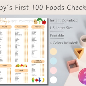 Controlelijst voor babyvoeding, maaltijdtracker, afdrukbaar voedingsdagboek, door baby geleid spenen, baby's eerste voedsel, voedsellogboek, speengrafiek, 100 eerste voedingsmiddelen