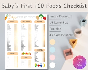 Lista de verificación de alimentos para bebés, seguimiento de comidas, diario de alimentos imprimible, destete dirigido por el bebé, primeros alimentos del bebé, registro de alimentos, tabla de destete, 100 primeros alimentos
