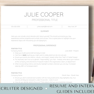 Könnte beinhalten: Eine schwarz-weiße Lebenslaufvorlage mit dem Text "RESUME AND INTERVIEW GUIDES INCLUDED" am unteren Rand. Die Vorlage soll Bewerbern helfen, einen professionellen Lebenslauf zu erstellen.
