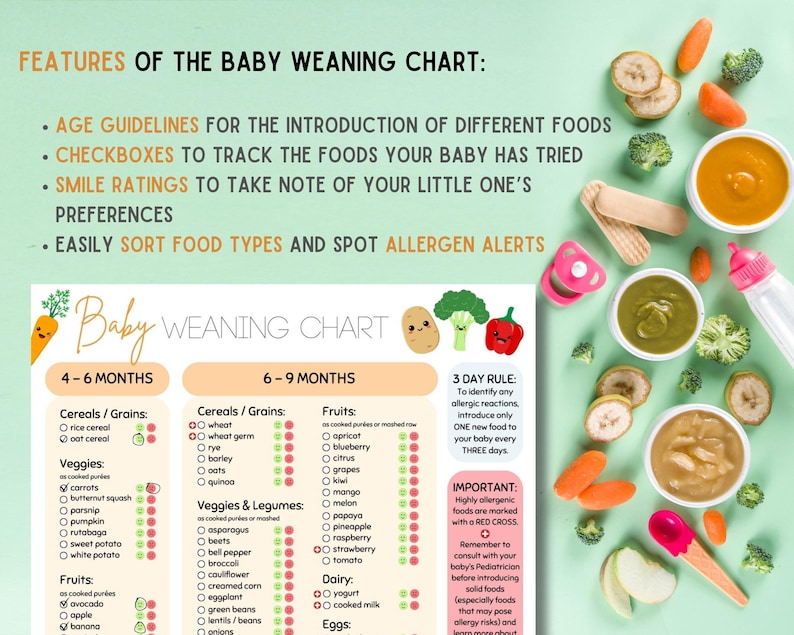 K&ouml;nnte beinhalten: Ein farbenfrohes Diagramm mit einem Babygesichtslogo mit dem Titel "Baby Weaning Chart". Das Diagramm ist in zwei Abschnitte f&uuml;r 4-6 Monate und 6-9 Monate unterteilt. Jeder Abschnitt listet verschiedene Lebensmittelkategorien auf, darunter Getreide, K&ouml;rner, Gem&uuml;se, Obst, Milchprodukte und Eier. Das Diagramm enth&auml;lt Kontrollk&auml;stchen, um die Lebensmittel zu verfolgen, die ein Baby probiert hat, Smile-Bewertungen, um die Vorlieben zu notieren, und eine 3-Tage-Regel, um neue Lebensmittel einzuf&uuml;hren.