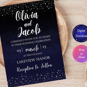 Starry Night Wedding Invitation, Navy Blue Printable Invite Template, Celestial Editable Invitation Suite, Galaxy Digital Download, Space