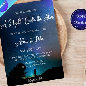 Celestial Wedding Invitation, Starry Night, Under the Stars, Galaxy Space Wedding Invite, Printable Editable in Canva, Digital Download