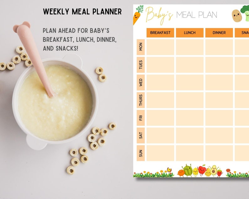 K&ouml;nnte beinhalten: Ein druckbarer w&ouml;chentlicher Speiseplan f&uuml;r Babys mit einem niedlichen Cartoon-Design. Der Planer enth&auml;lt Abschnitte f&uuml;r Fr&uuml;hst&uuml;ck, Mittagessen, Abendessen und Snacks und bietet Platz, um die Mahlzeiten f&uuml;r jeden Tag der Woche einzutragen.
