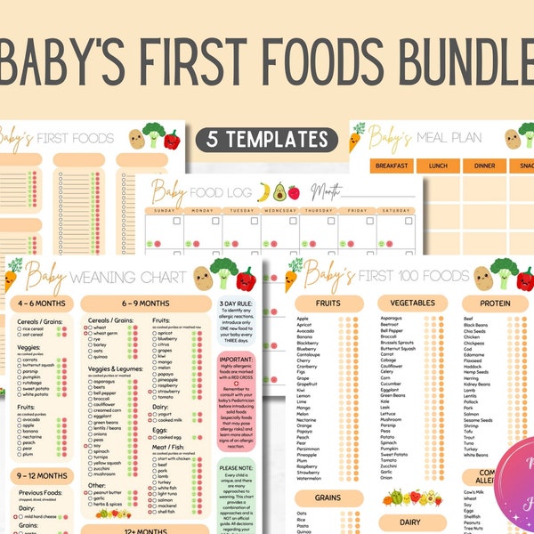 Rastreador de alimentos para bebés, Paquete de diario de alimentos imprimible, Destete dirigido por el bebé, Primeros alimentos del bebé, Registro de alimentos, Tabla de destete, Calendario, Planificador diario de comidas