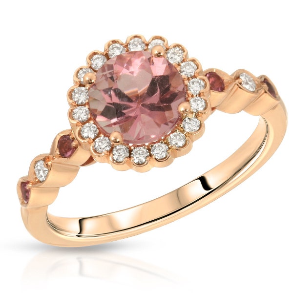 14K Rose GOLD,1.25k PINK TOURMALINE & 0.16k Si Diamond Engagement Rings • October Birth Stone • Anniversary Gift • Birthday Gift For Her