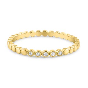 14K Yellow Gold Diamond Dot Ring: Dainty Beaded Stacking Band