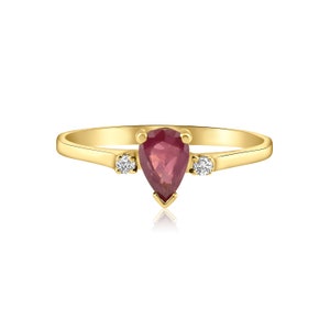 Pear Ruby and Diamond Ring • 14K Gold Red Gemstone Ring • Dainty Natural Diamond Ring • Unique Three Stone Gold Engagement Ring