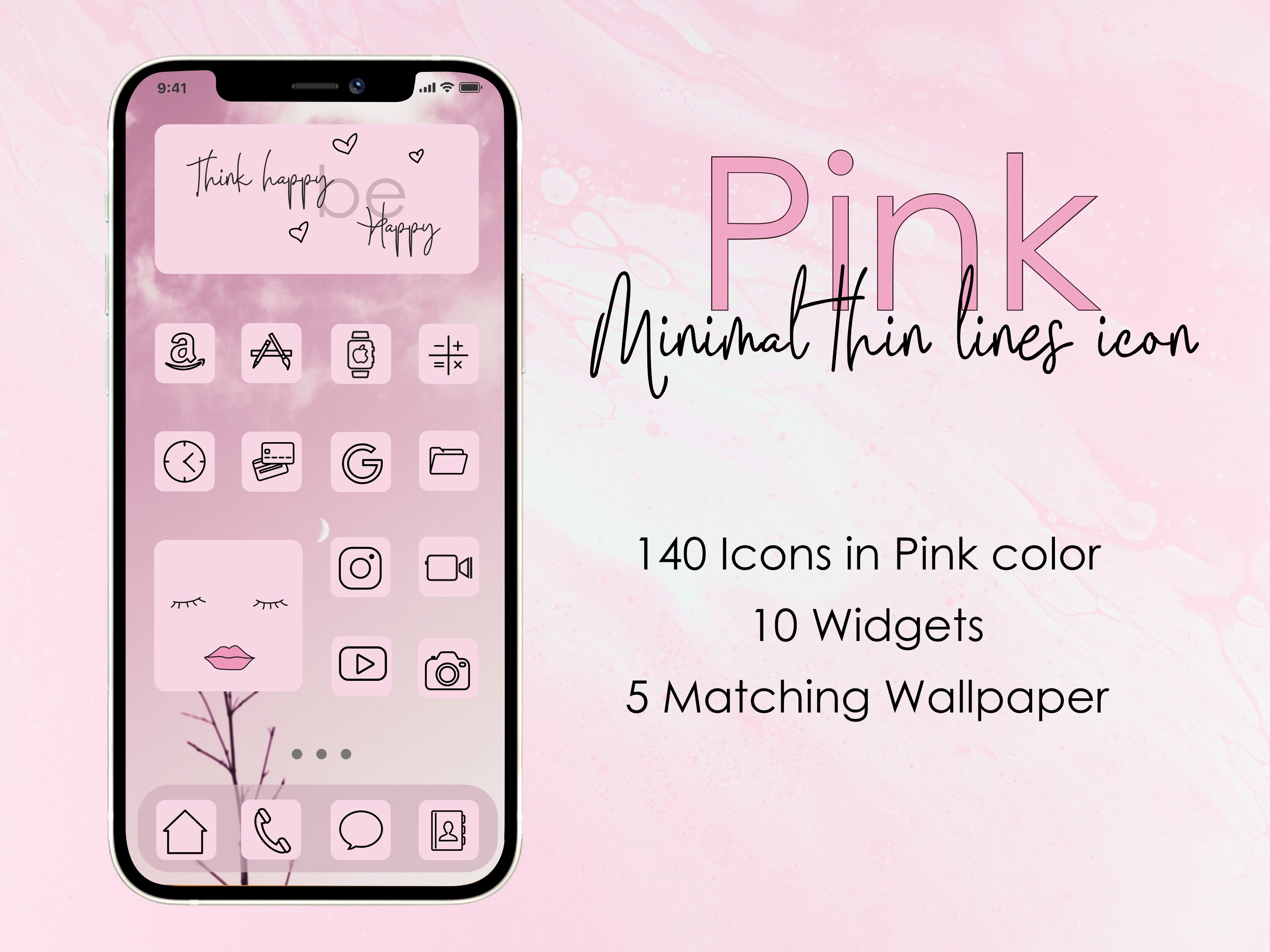 Pink Minimalist Icon Pack for iOS Home Screen, Minimal Pink Theme Icon Bundle, iOS Icon Cover, iOS Widget Cover, Minimalistic Custom Icons