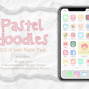 Schattige pastelkleurige iOS 14 app-pictogrammen, handgetekende iOS 14-pictogrammen, esthetische doodle-stijl, gepersonaliseerde iPhone + Android-startscherm, schattige iOS 14-pictogrammen