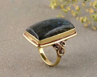Large Rectangular Labradorite Statement Ring – Gold Plated Boho Chic Jewelry – Bold Blue Flash Gemstone Ring for Women