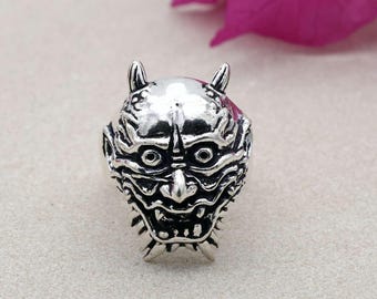 Sterling Silver Hannya Mask Ring: Gothic Oni Devil Ring for Men