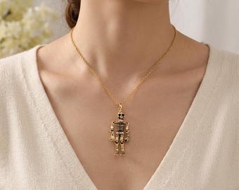 Gold Plated Brass Skeleton Necklace - Gothic Halloween Jewelry