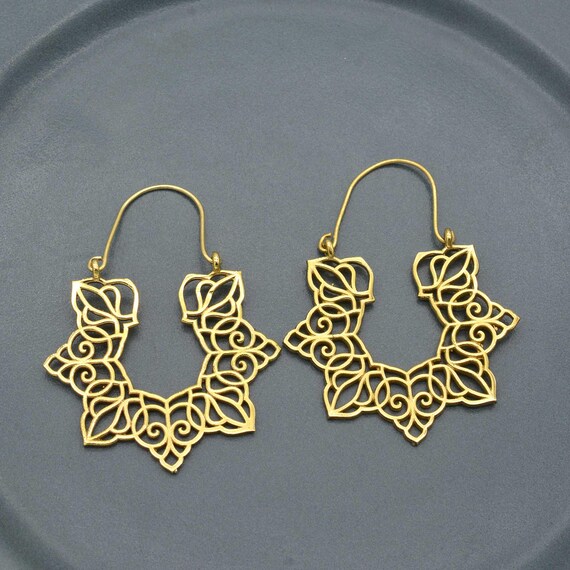 Brass Filigree Hoop Earrings: Tribal Ethnic Dangle Jewelry