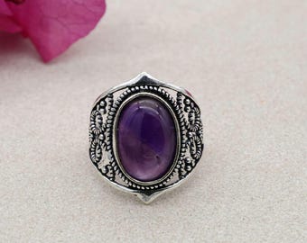 Natural Amethyst 925 Sterling Silver Ring: Bohemian Purple Quartz Jewelry
