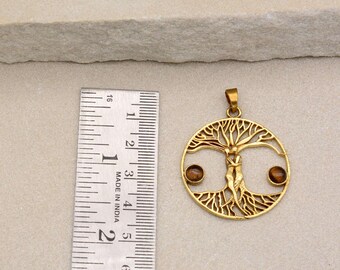Pendentif Arbre De Vie En œil De Tigre Gravé - Chaîne Argent 925, Occasion Bon état