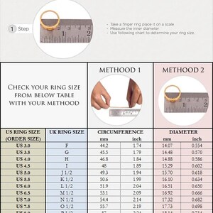 May include: A chart showing how to measure ring size using two methods. The first method uses a strip of paper or thread to measure the circumference of a finger. The second method uses a ruler to measure the inner diameter of a ring. The chart includes US ring sizes, UK ring sizes, circumference in millimeters and inches, and diameter in millimeters and inches.