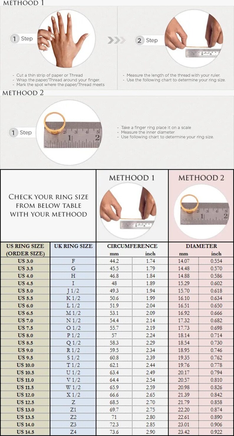 May include: A chart showing how to measure ring size using two methods. The first method uses a strip of paper or thread to measure the circumference of a finger. The second method uses a ruler to measure the inner diameter of a ring. The chart includes US ring sizes, UK ring sizes, circumference in millimeters and inches, and diameter in millimeters and inches.