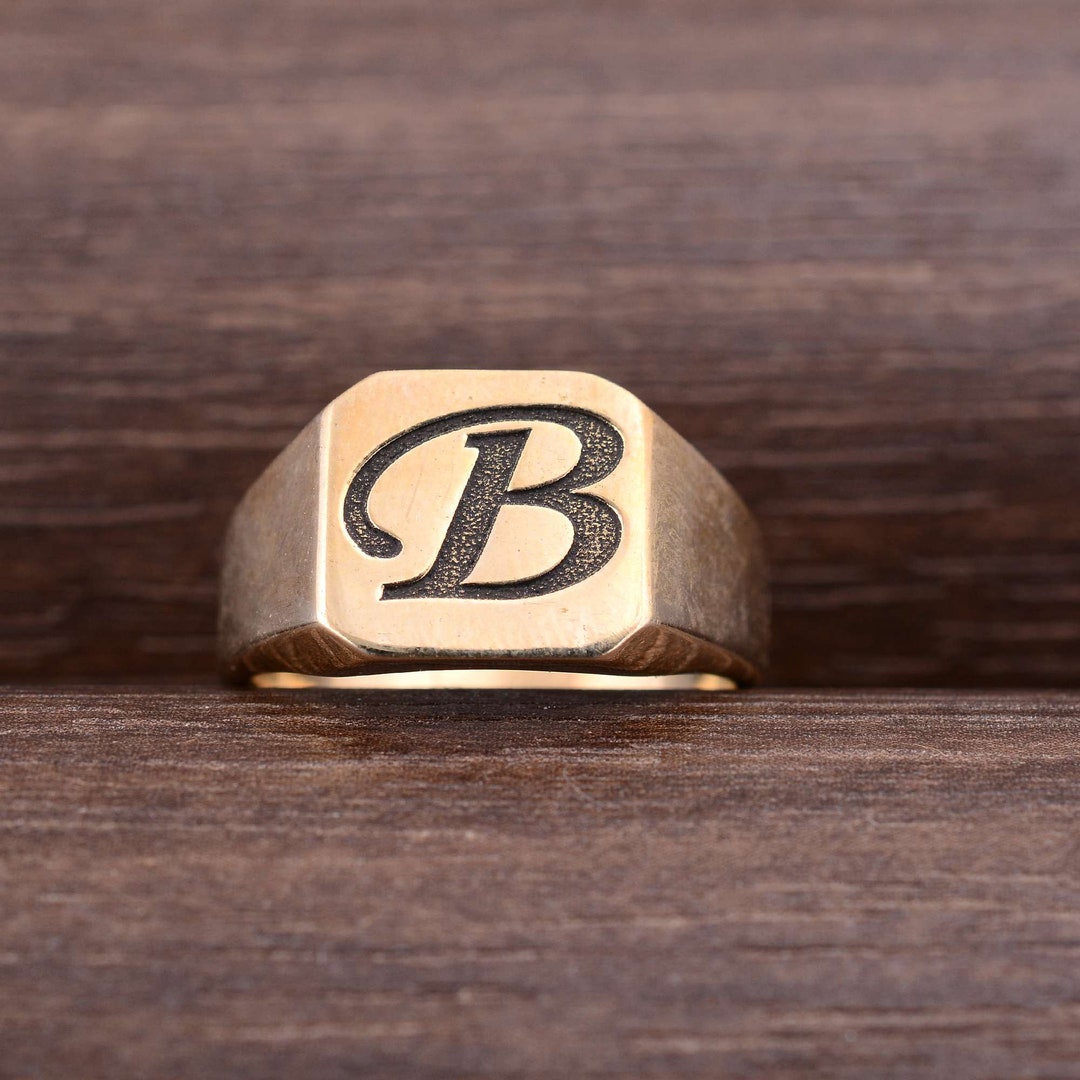 Custom Initial Signet Ring, Engraved Letter B Alphabet Ring for Men ...