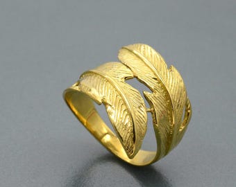 Feather Adjustable Ring, Gold Angel Feather ring, Feather Wings Ring, Wrap Around ring, Gold Jewelry, 925 Silver ring, Birthday Gift for her
