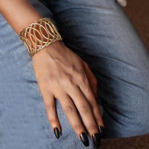 Handmade Gold plated Open Cuff Bracelet, Wide Statement Bangle with Interlocking Loop Design, Adjustable Boho Chic Jewelry for Women, mom