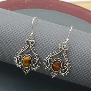 Tiger Eye's Gemstone Dangle hoop Earrings, Tribal Hoop Earrings, Oval Gemstone Earrings, Filigree earrings, Silver Plated Earrings, Mom gift