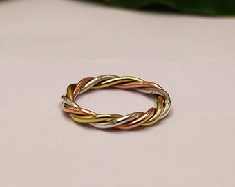 Handmade Sterling Silver Copper Brass Ring: Twisted Metal Band
