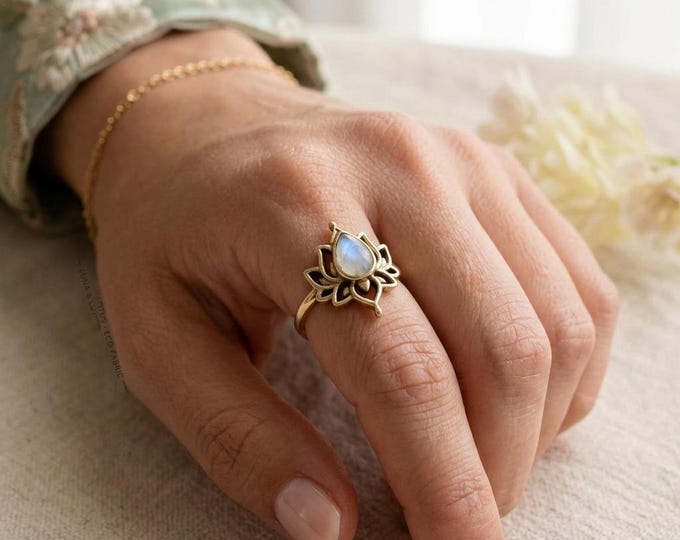 Rainbow Moonstone Lotus Ring: 925 Sterling Silver Gemstone Jewelry