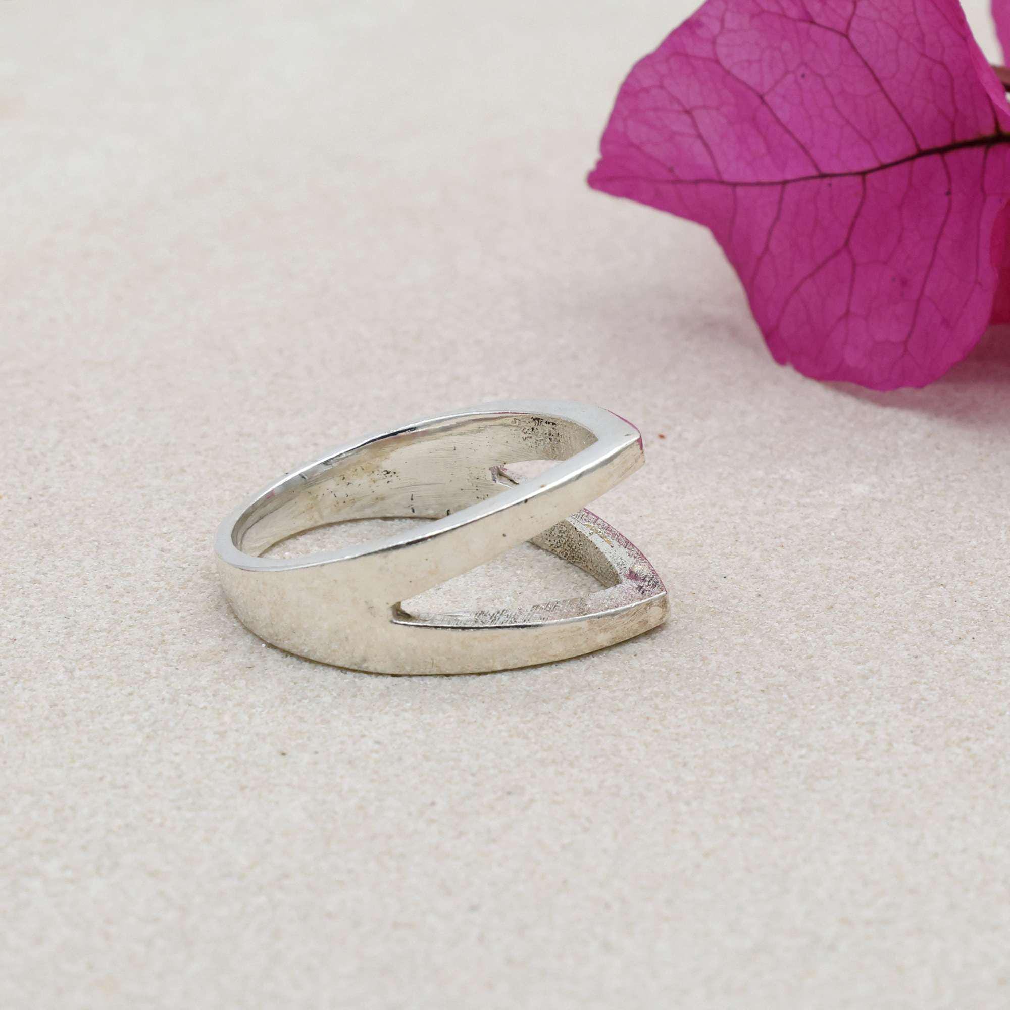Anello Fascia Argento 925 Solido Fatto A Mano &ndash; Forma V, Vintage India