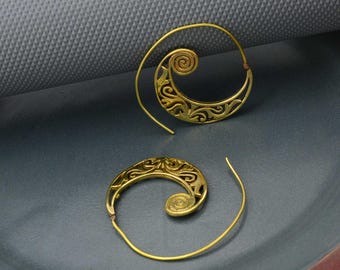 Brass Spiral Earrings: Dainty Gold Tribal Hoops