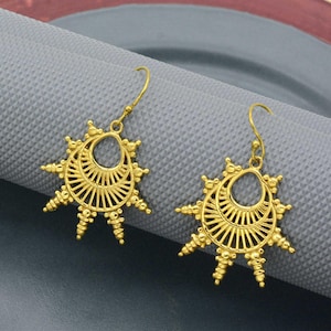 Brass Sunburst Dangle Earrings: Bohemian Crescent Jewelry