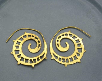 Brass Spiral Earrings: Dainty Gold Tribal Jewelry