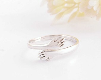 925 Sterling Silber Ring, Umarmungsring, stapelbarer Ring, minimalistische Ringe, Liebesring, verstellbarer Ring, Geschenk für Frauen, umarmte Hand Versprechen Ring