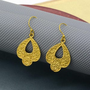 Brass Gold earrings, Dangle hoop earrings, Women&#39;s earrings, Dainty earrings, Valentine&#39;s day gift, Filigree earrings, Girlfriend Earrings