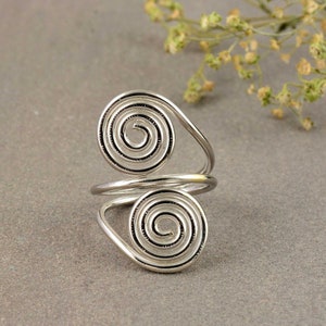 925 Sterling Silver Double Spiral Ring - Adjustable Wire Wrap