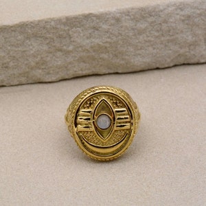 Gold Plated Moonstone Ring: Boho Tribal Eye Signet, Unisex