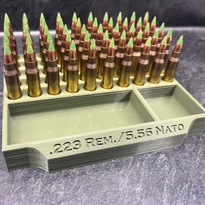 May include: A green 3D-printed ammunition holder filled with brass and green-tipped .223 Rem./5.56 NATO rounds. The holder has two compartments and text that reads ".223 Rem./5.56 NATO".